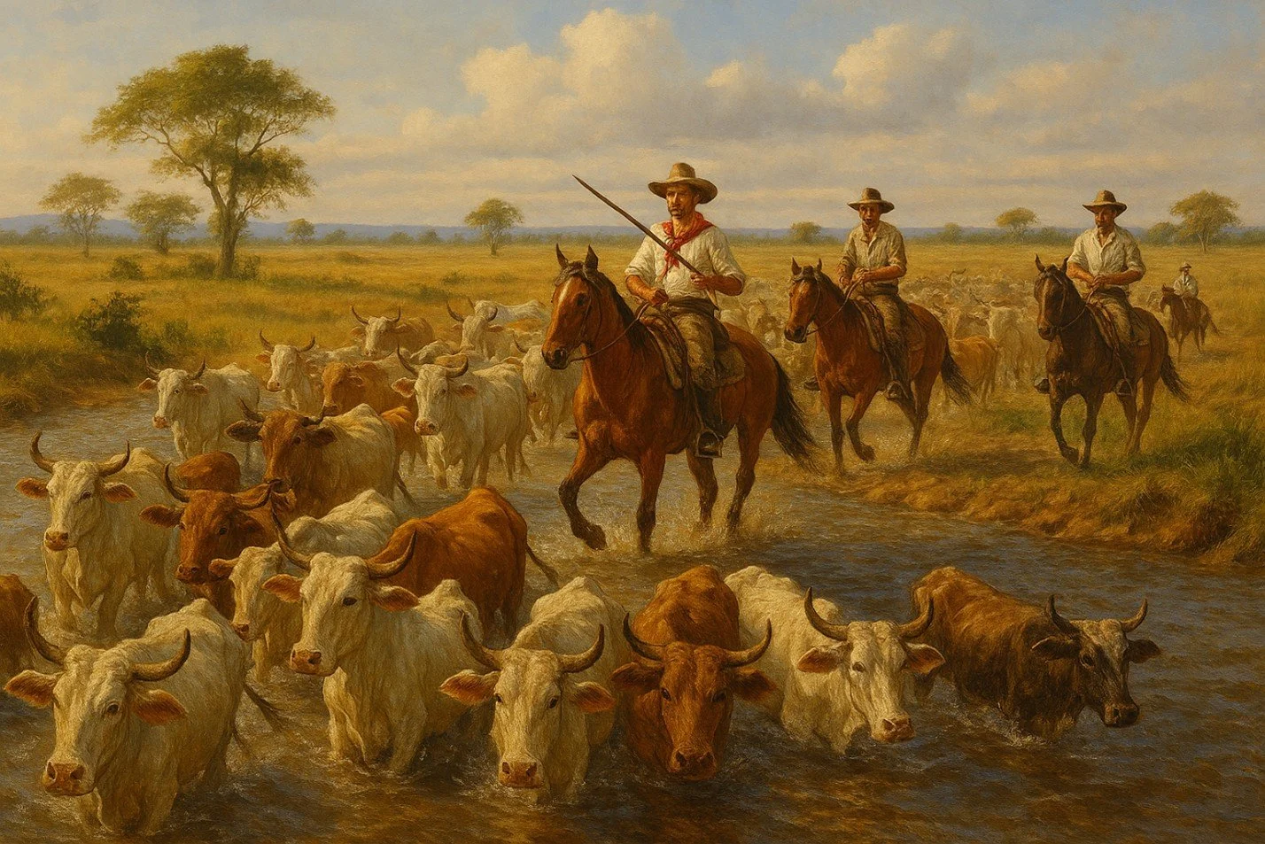 A painting of three cowboys on horseback guiding a herd of cattle across a shallow stream in a wide open plains landscape with trees in the background.