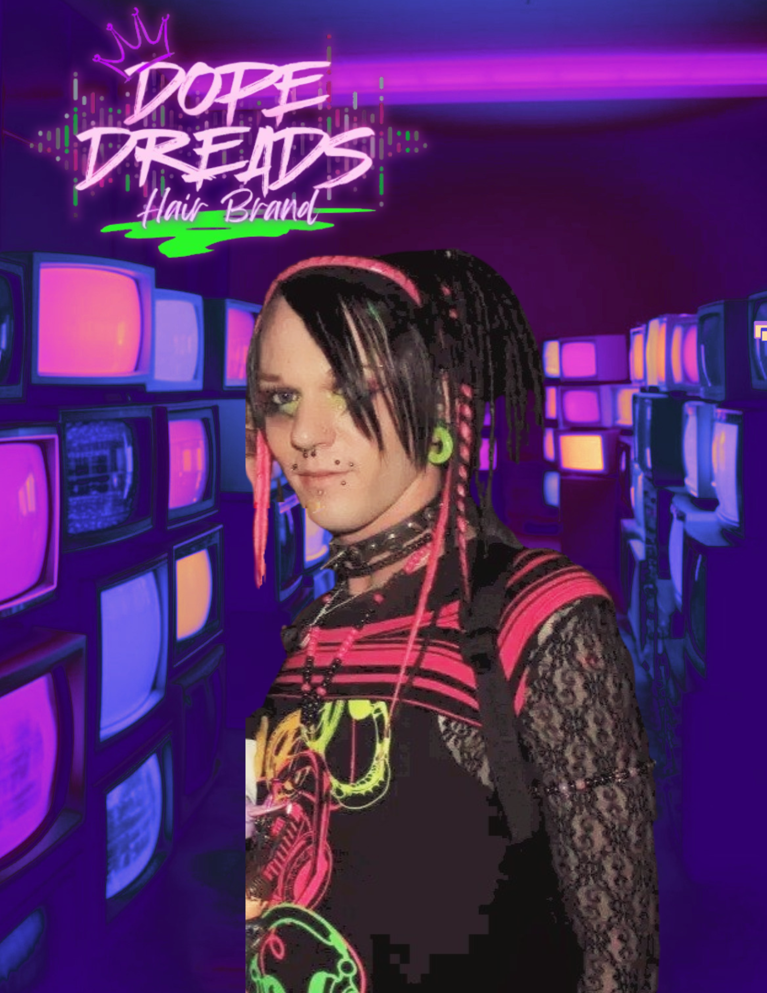 A person with black hair and colorful pink and green accessories taking a selfie in front of a wall of old, glowing television screens in a neon-lit room. The scene has a vibrant, cyberpunk aesthetic with neon signs and digital art.