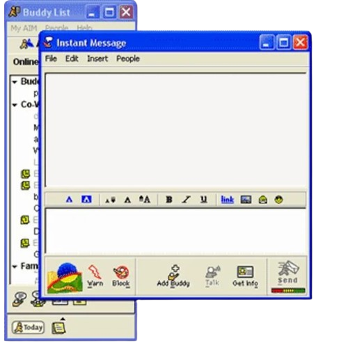 Screenshot of an old instant messaging chat window and buddy list interface on a computer screen.