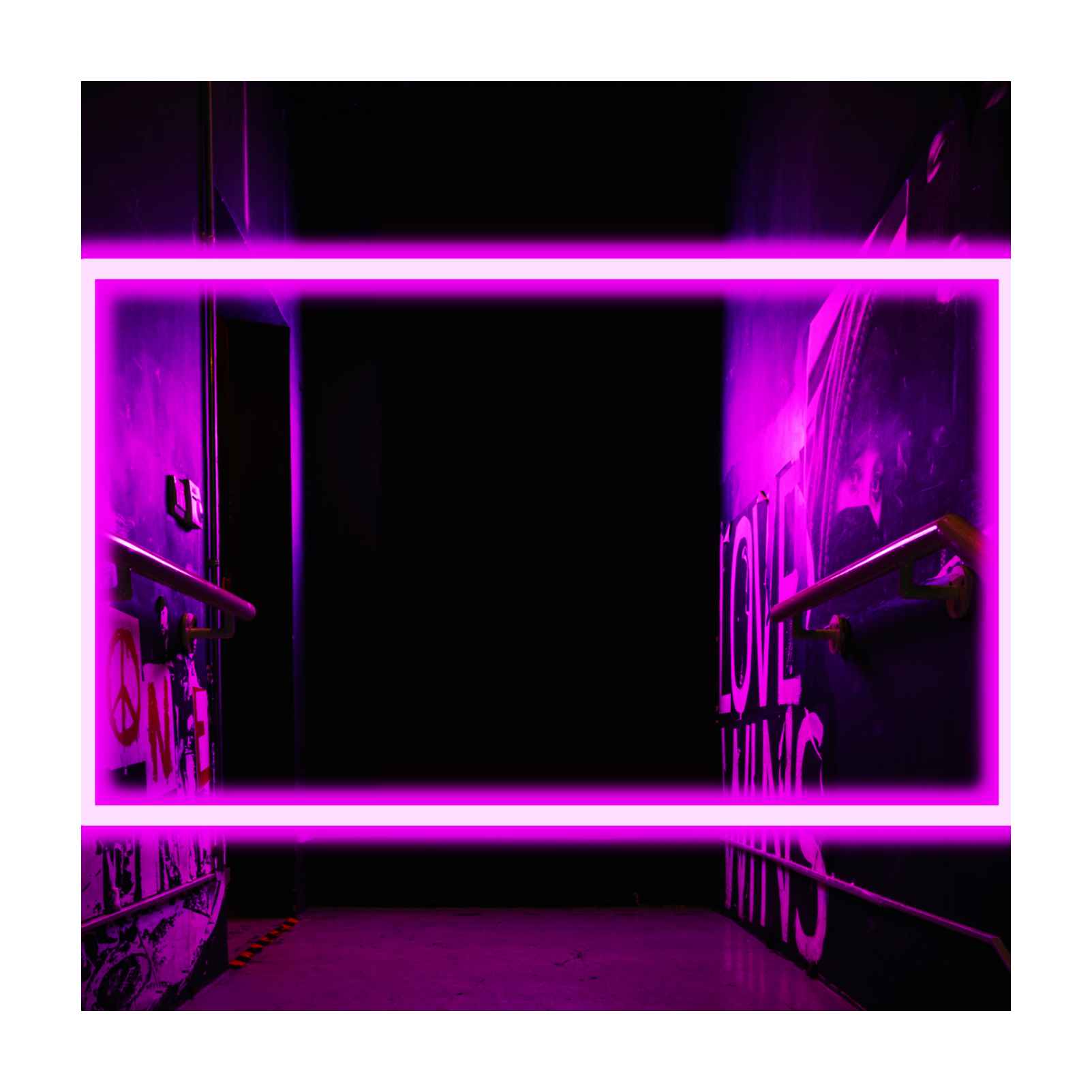 Dark hallway illuminated with pink and purple neon lights, graffiti-covered walls, leading into darkness.