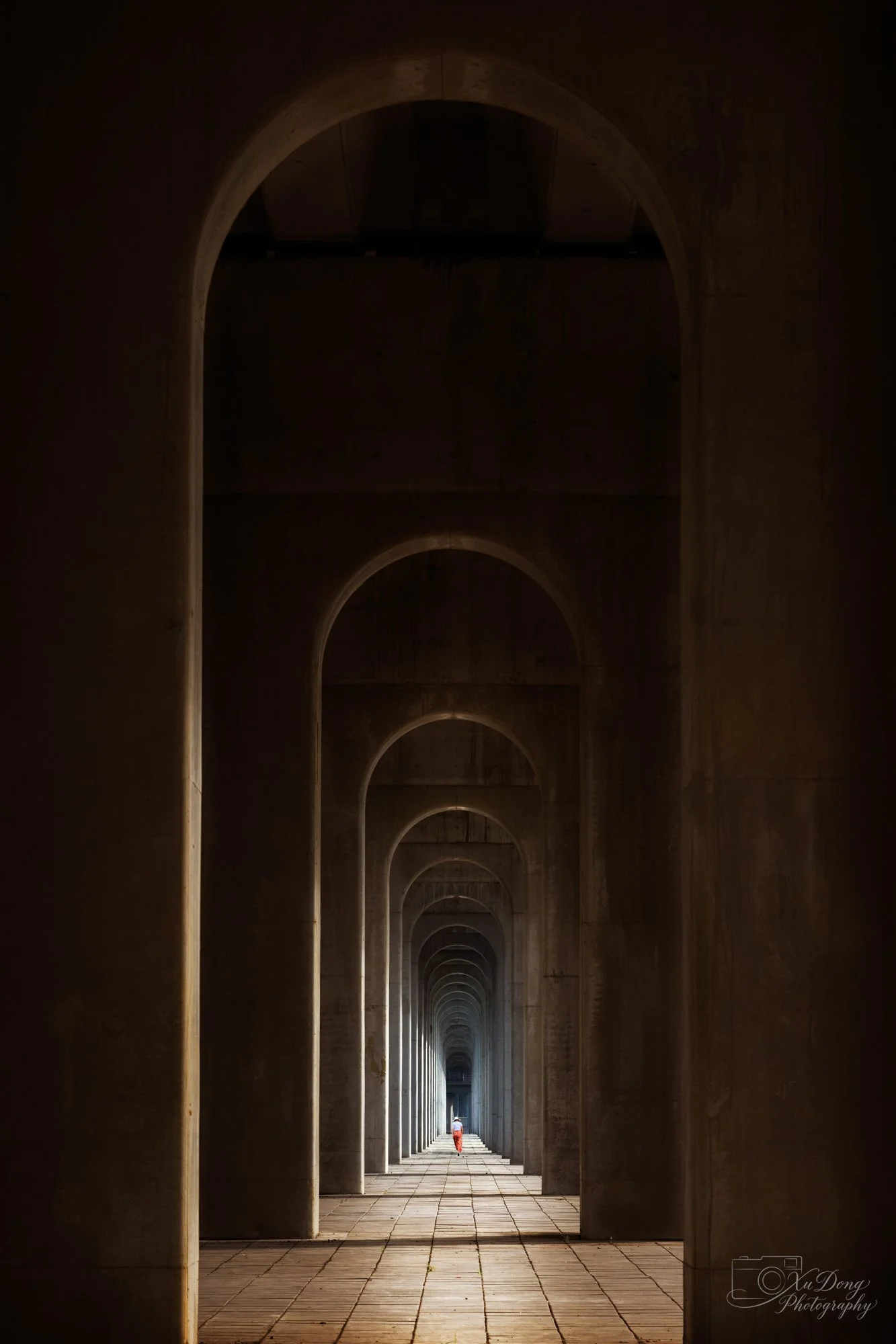 A minimalist architectural study of ancient temple corridors, using symmetry and deep shadows to create a powerful sense of timelessness.