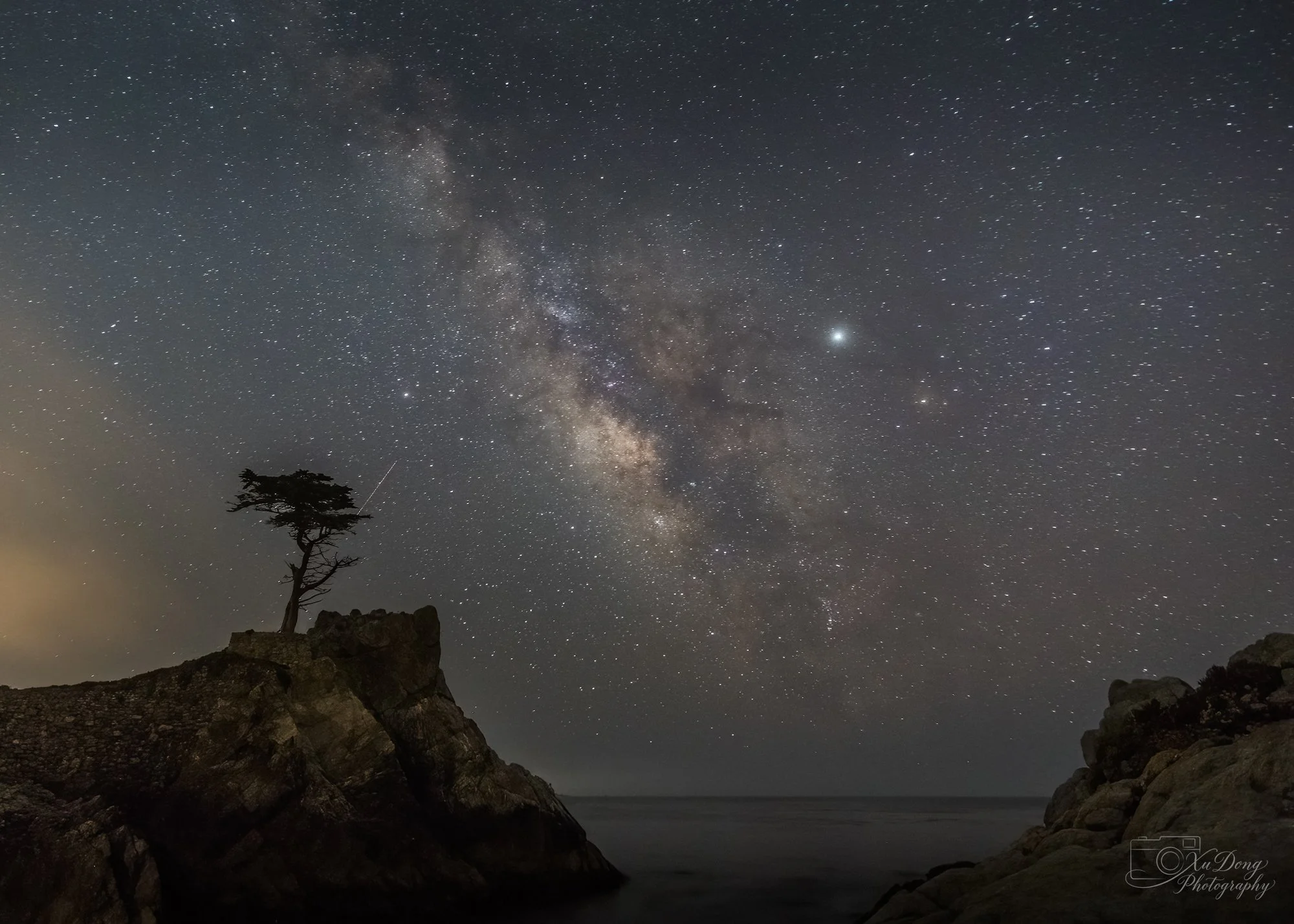 The historic Lone Cypress tree stands resilient on the rocky California coast at Pebble Beach, illuminated by the soft, ethereal glow of the Milky Way galaxy.