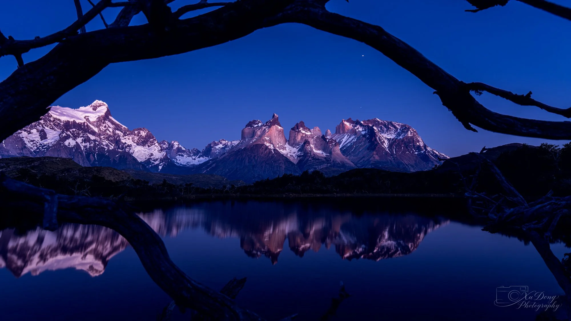 Fine art landscape photography of Lago Pehoe and the Cuernos del Paine at blue hour, Torres del Pain National Park, Chilean Patagonia