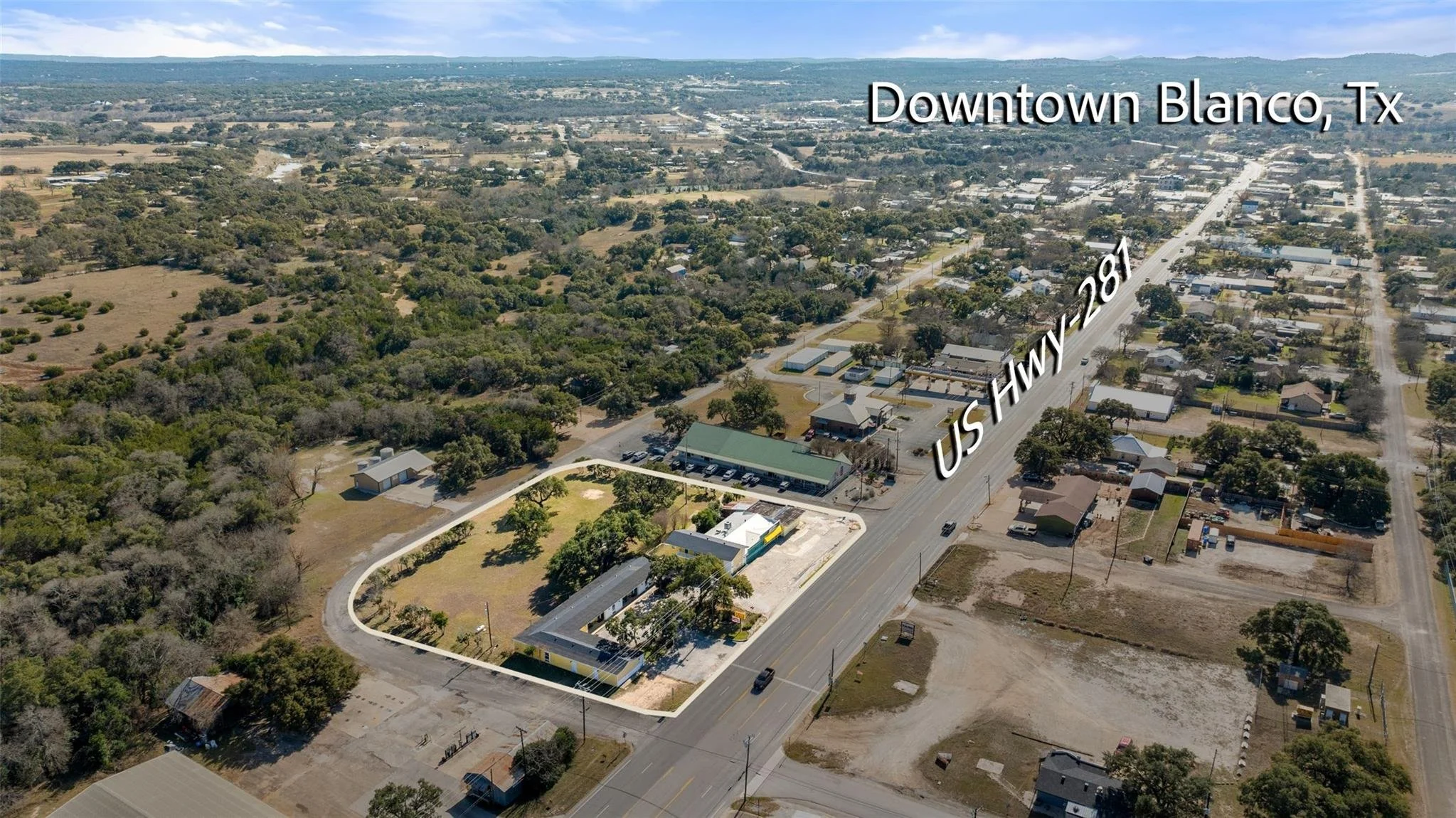 An aerial view of our motel coming in from North 281 facing South 281. From here you are 45 minutes to Austin, San Antonio, and Fredericksburg. 