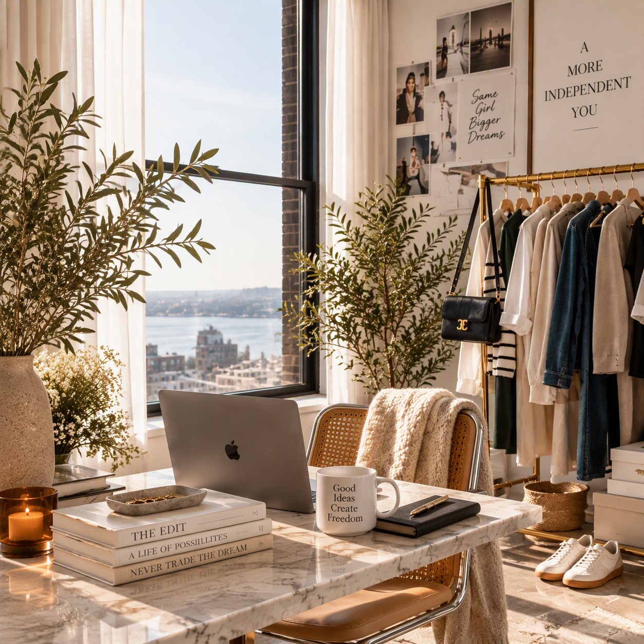 Stylish sunlit home office and walk-in closet with a laptop, marble desk, clothing rack, plants, and waterfront city view