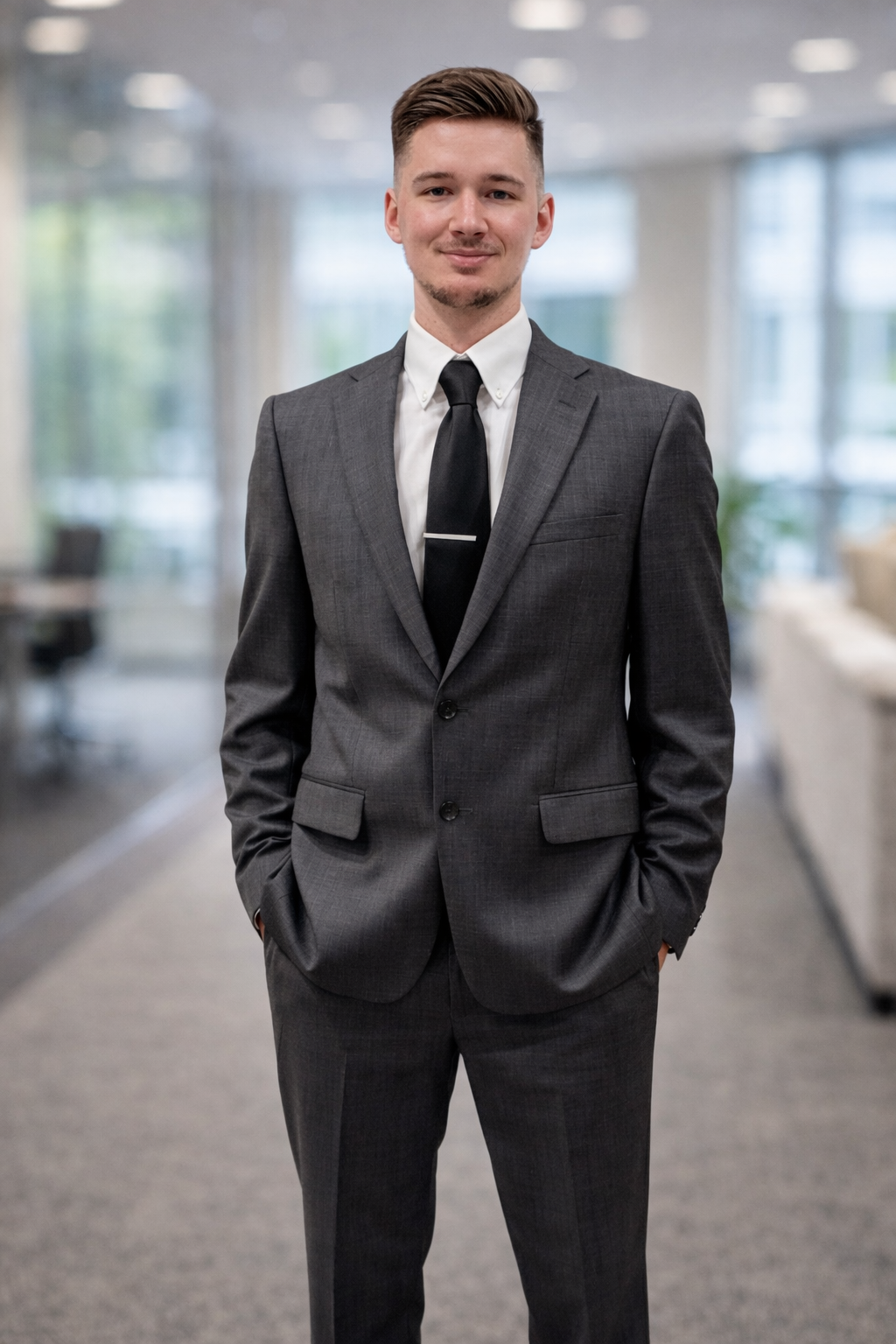 A young man dressed in a dark gray suit, white shirt, and black tie standing in a modern office with glass windows and blurred background.