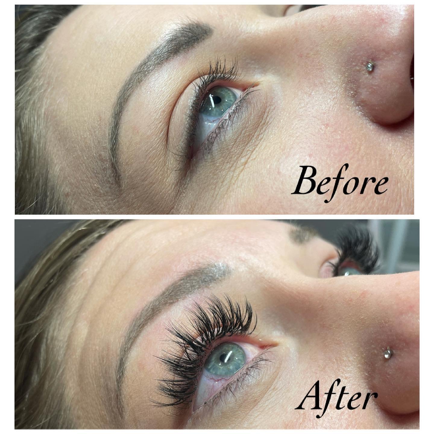 Close-up of a woman's eye before and after eyelash extension treatment, showing full, curled lashes in the after photo.