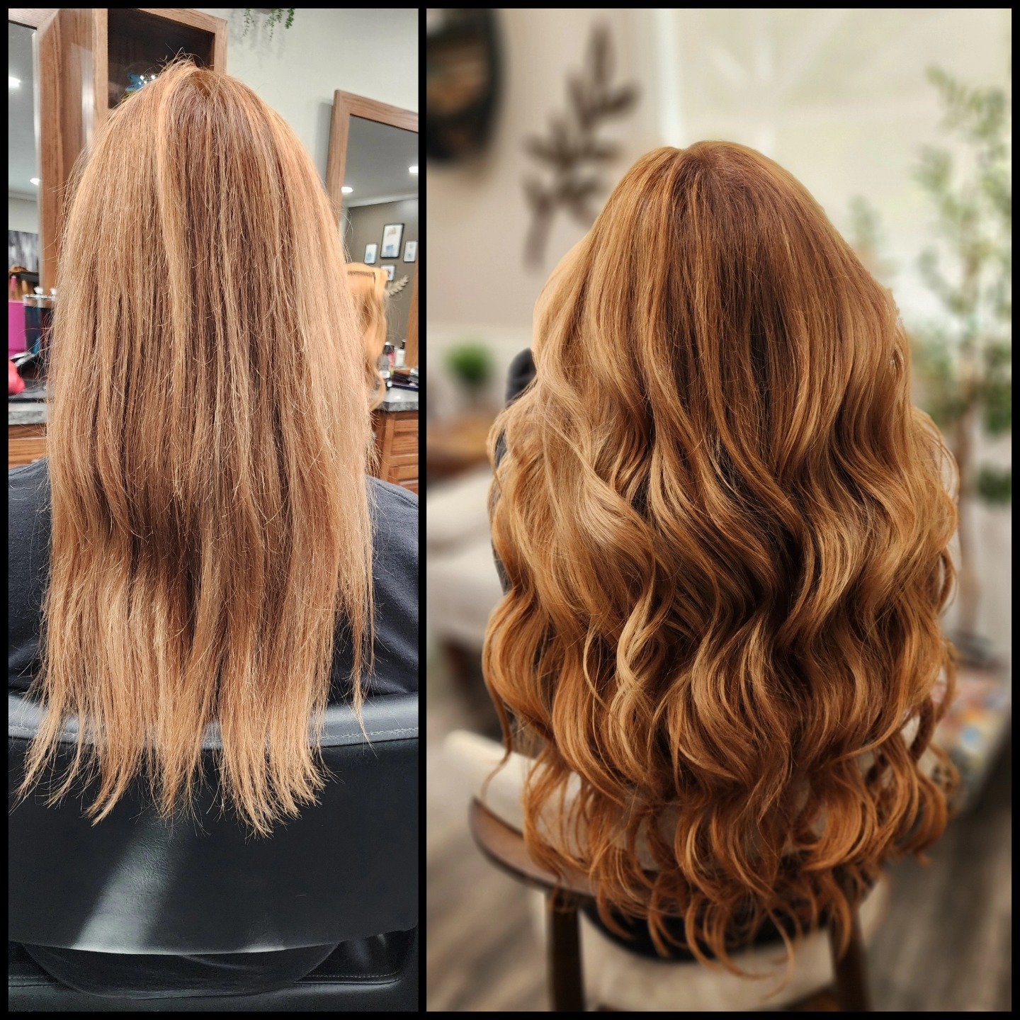 Side-by-side comparison of a woman's hair before and after styling, showing straight, light brown hair on the left and voluminous, curly, darker auburn hair on the right.