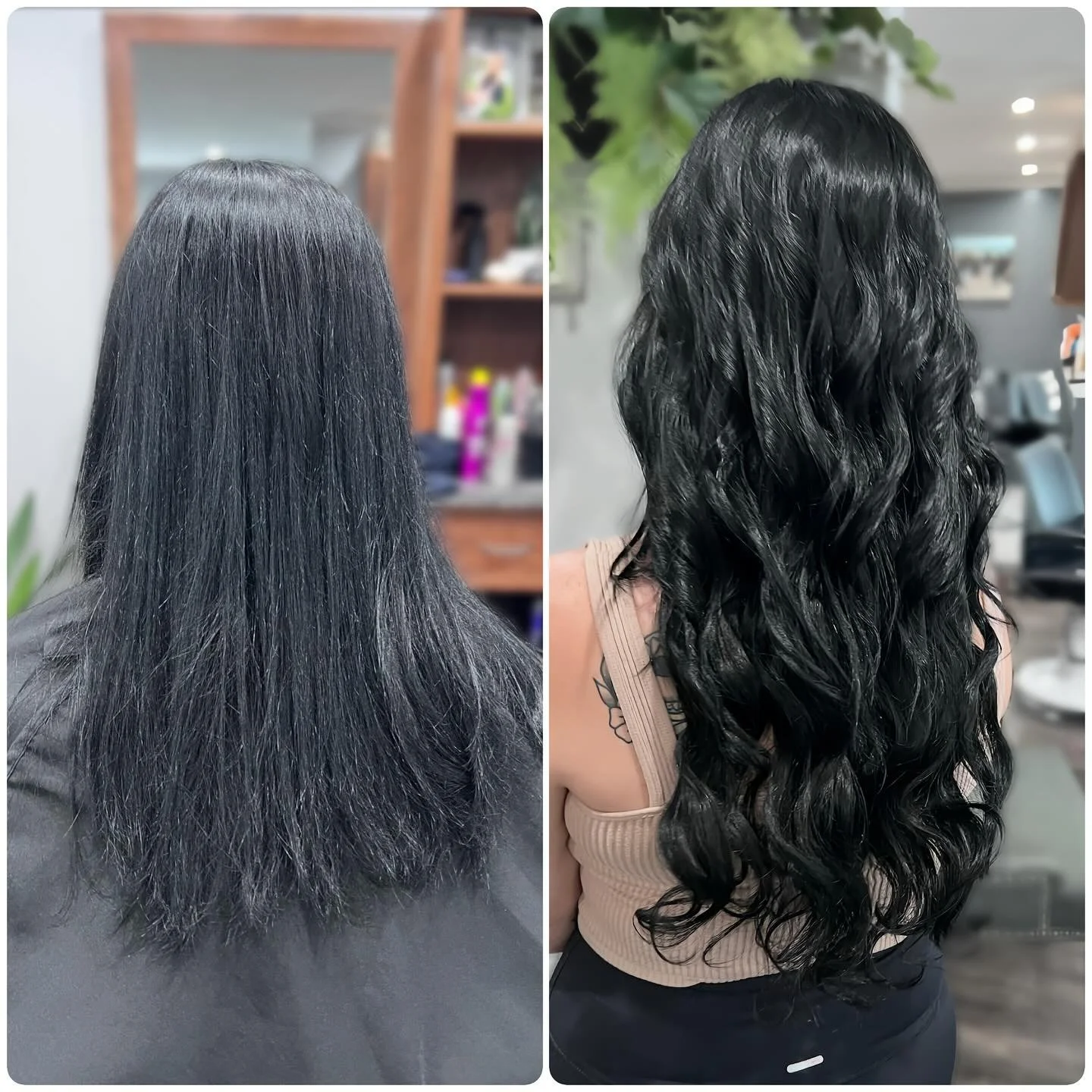 Side-by-side comparison of a woman's hair before and after a transformation, showing straight hair on the left and curly, wavy hair on the right.