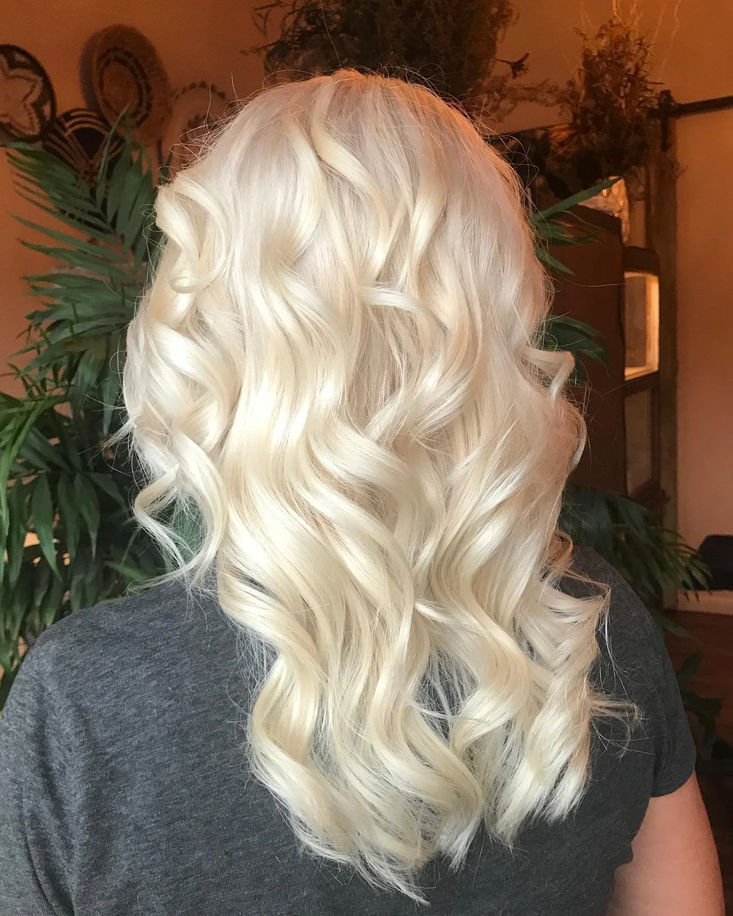 Blonde, wavy, shoulder-length hair on a person with a dark shirt, with a background of indoor plants and furniture.
