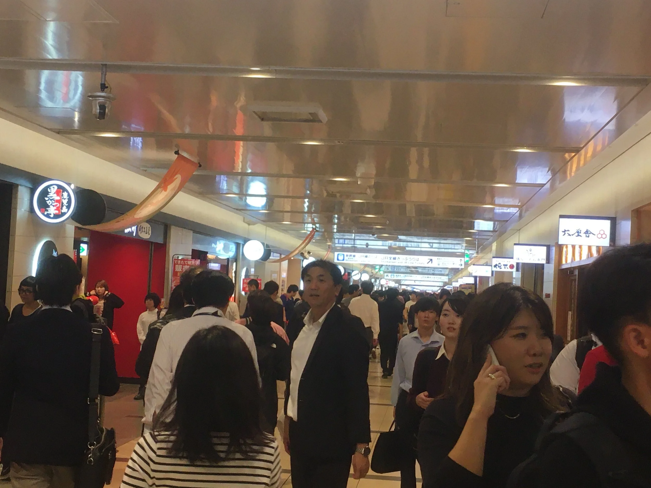 Crowded indoor shopping area or train station hallway with many people walking. Signage and flags visible on ceiling.