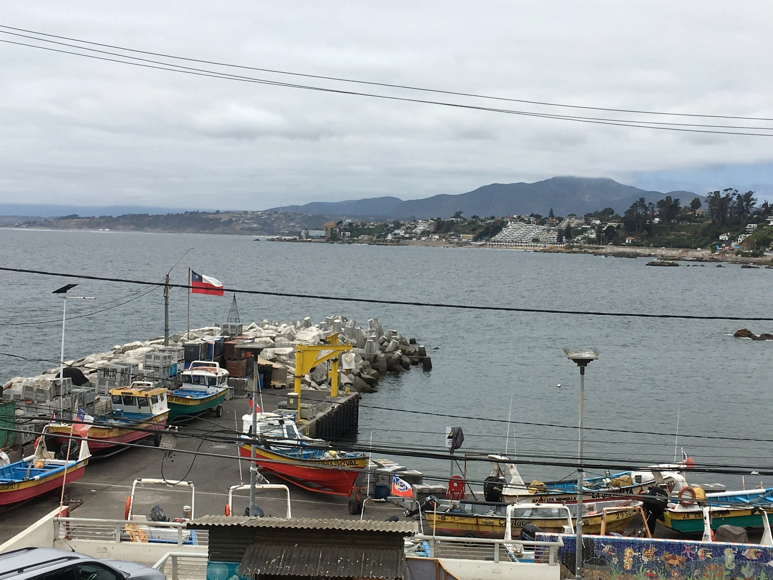 A harbor scene with colorful boats docked along the pier, a breakwater with large rocks, a flag on a pole, and a view of distant hills and buildings across the water under cloudy skies.