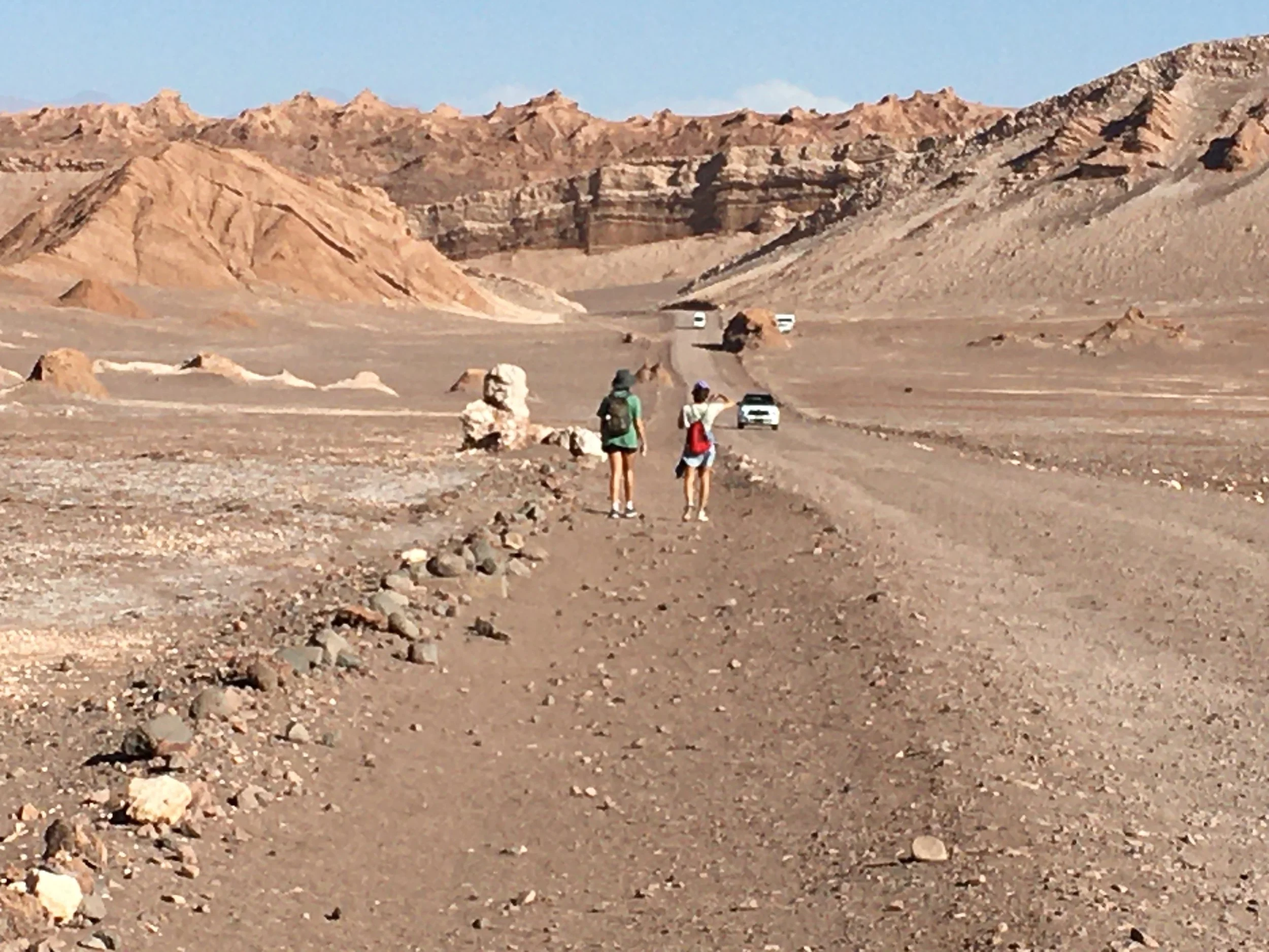 Two hikers walking down a dirt trail in a desert landscape with colorful rocky mountains in the background.