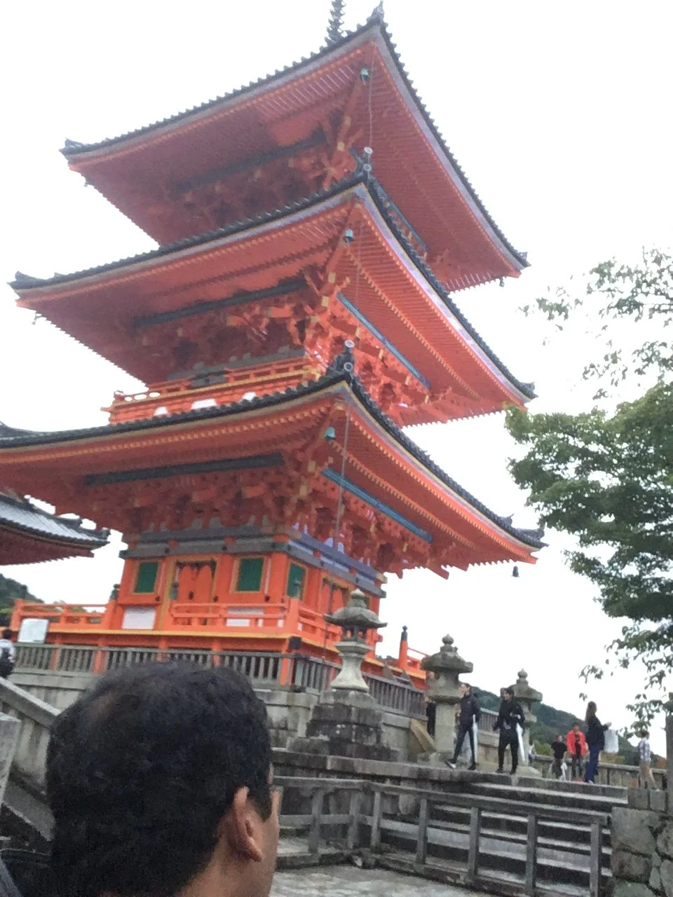 Traditional Japanese pagoda with multiple orange and black tiers, surrounded by stone lanterns and visitors.