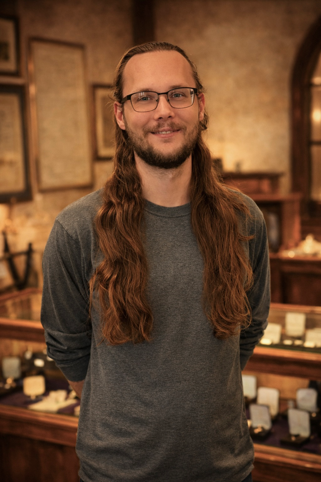 A man with long hair, glasses, and a beard wearing a gray long-sleeve shirt, standing in an antique shop.
