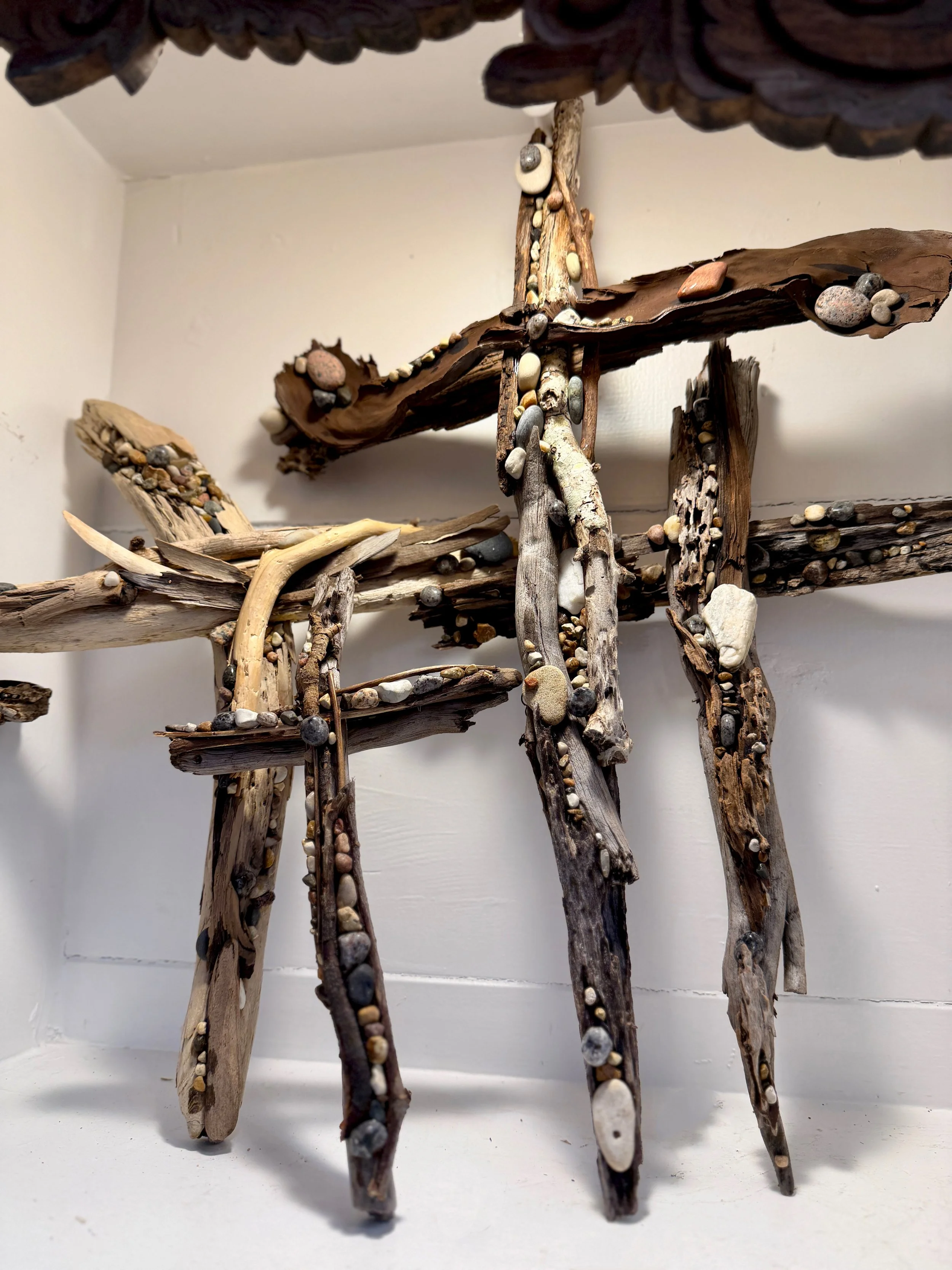 Art installation made of driftwood and seashells arranged on the wall.