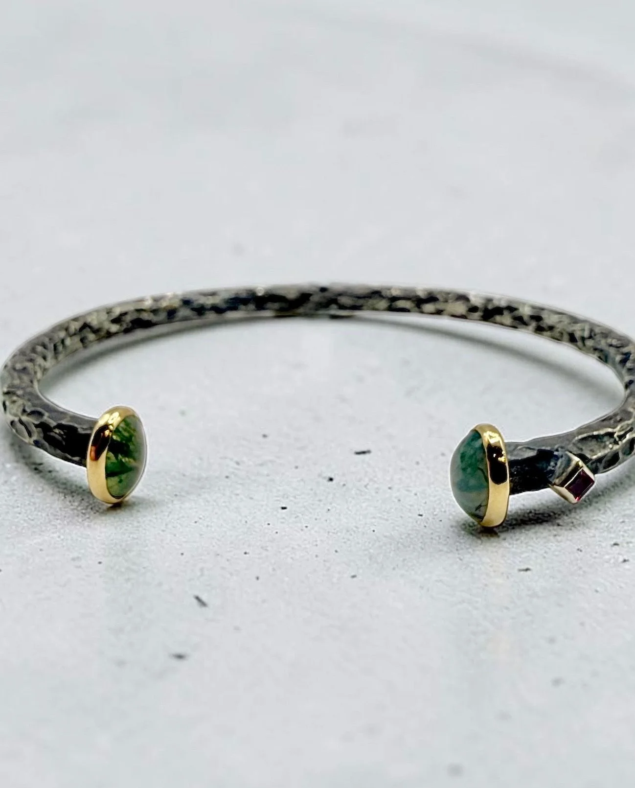 Sterling Silver, 14K Yellow Gold, Moss Agate & Ruby Cuff Bracelet