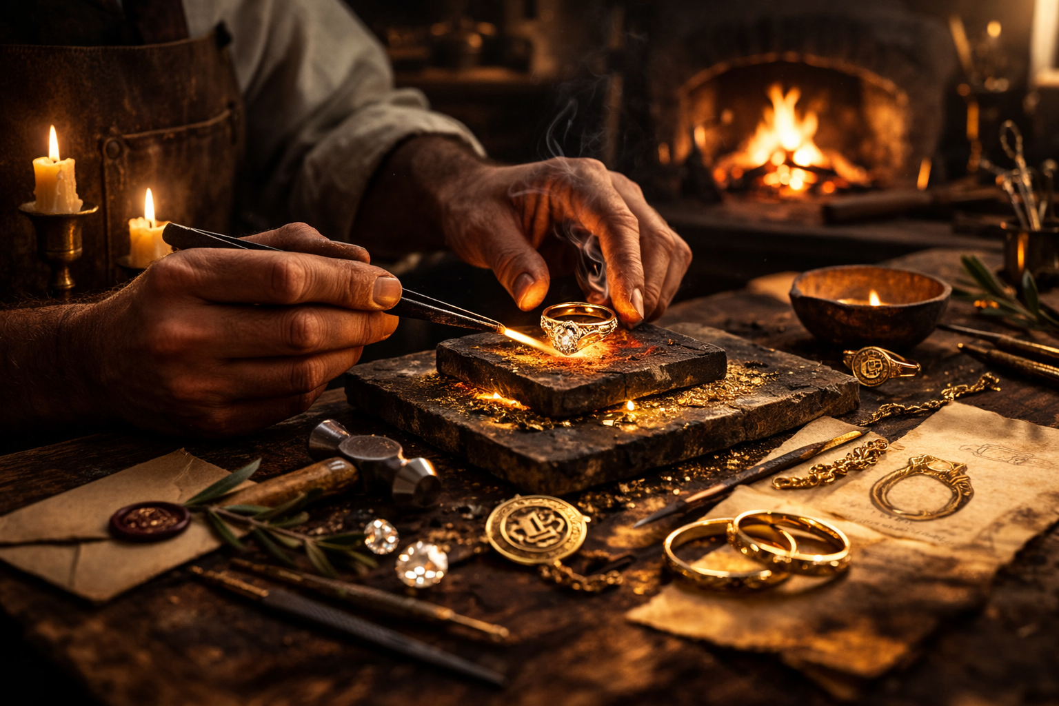 Jeweler crafting a ring with a torch in a workshop filled with gold jewelry and tools, illuminated by candlelight.