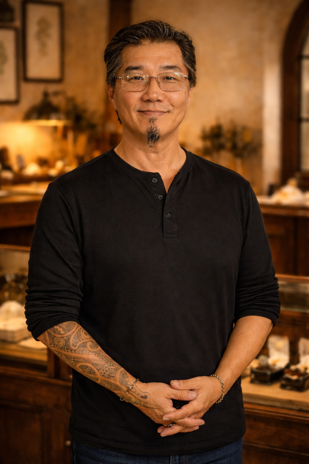 A man with glasses, a goatee, and tattoos on his left arm, wearing a black long-sleeve shirt, standing in a warmly lit room with antique décor.