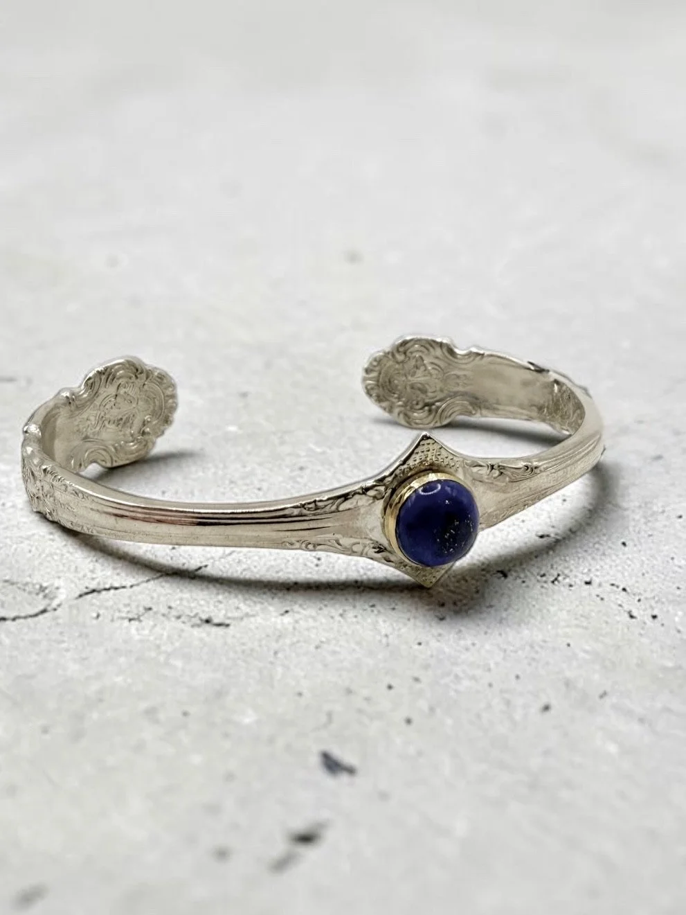 Sterling Silver, 14K Yellow Gold & Lapis Spoon Bangle