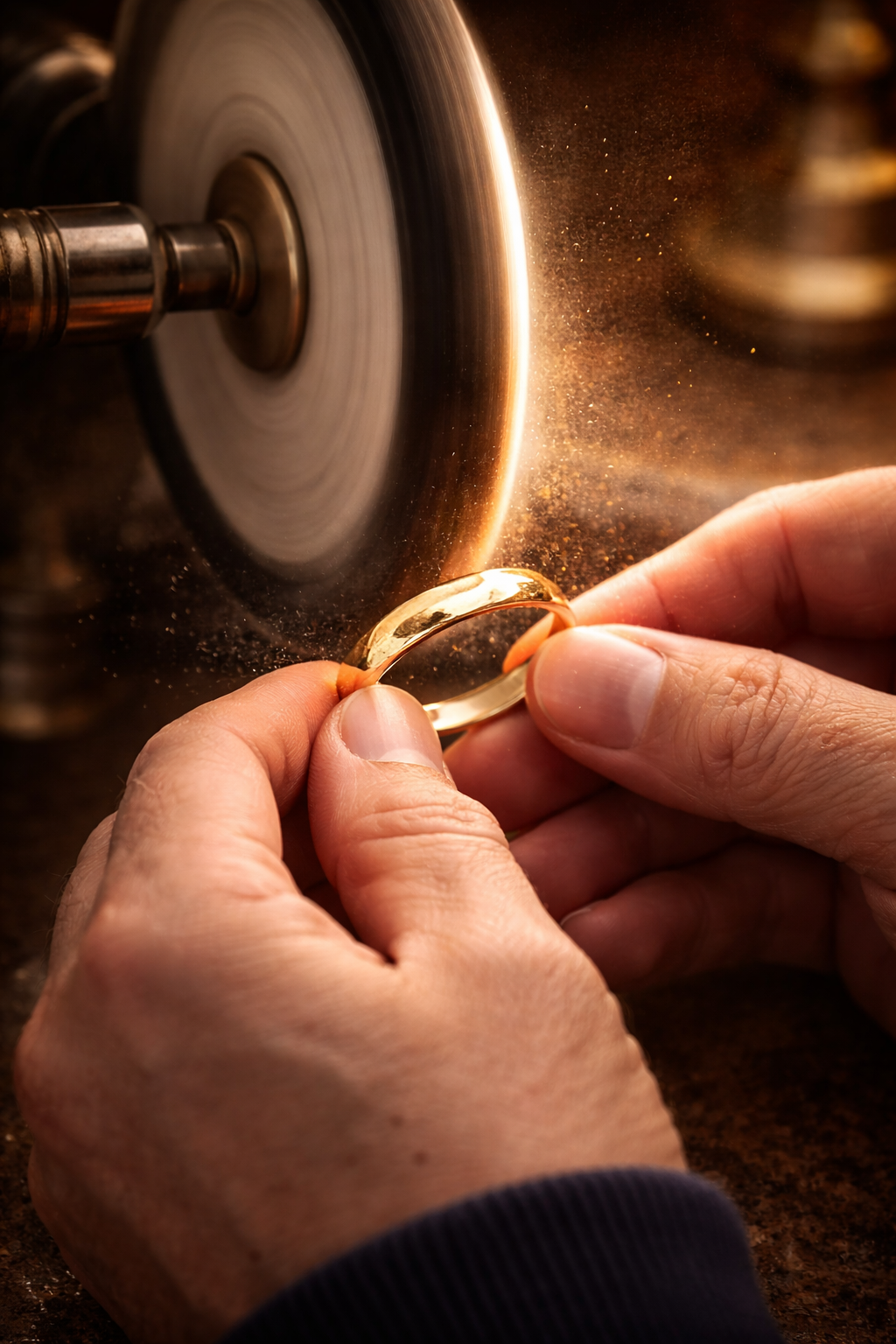 A person polishing a gold ring with a spinning polishing wheel, creating a shower of gold dust.