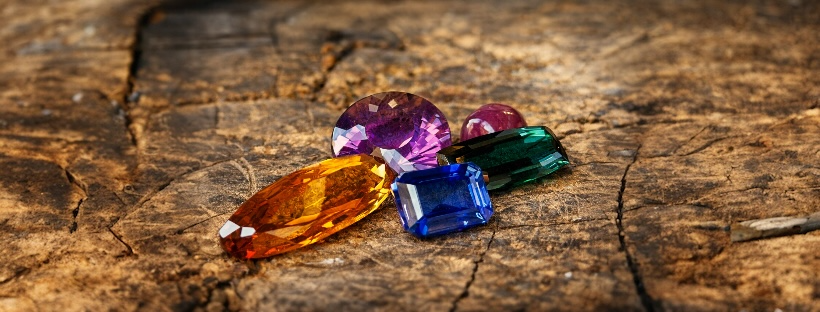 Several colorful gemstones, including purple, pink, orange, green, and blue, on a rustic wooden surface.