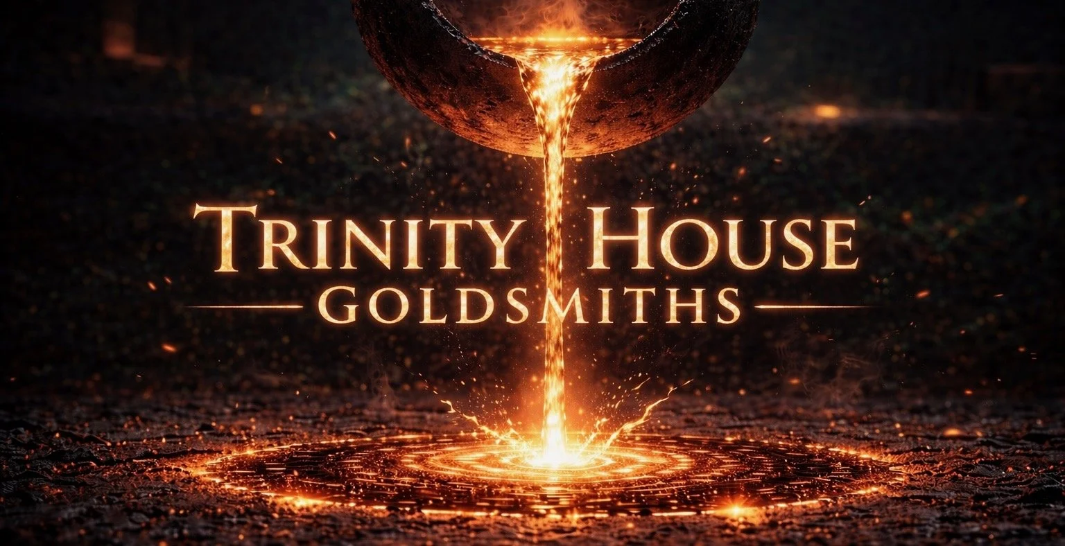 Text 'Trinity House Goldsmiths' in front of a fiery molten metal pouring down from a vessel, with glowing sparks and ripples in the molten metal on a dark background.