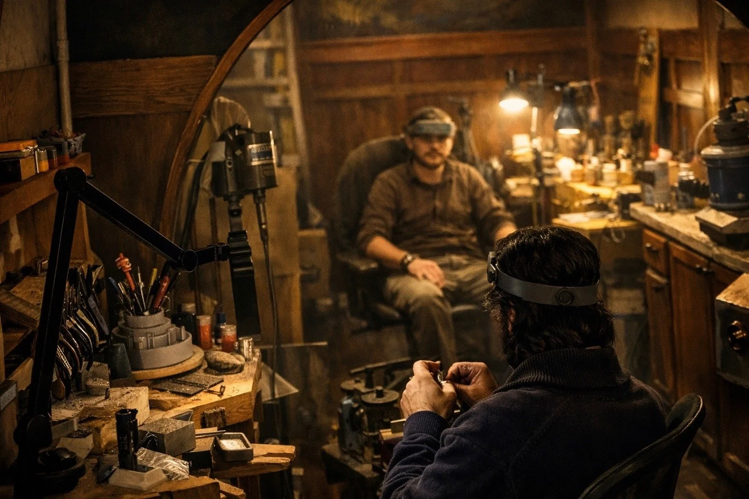 Two men working in a woodworking shop with various tools and equipment, one man in the background sitting in front of a wooden wall, and the other man in the foreground focused on a small object, wearing a headlamp.