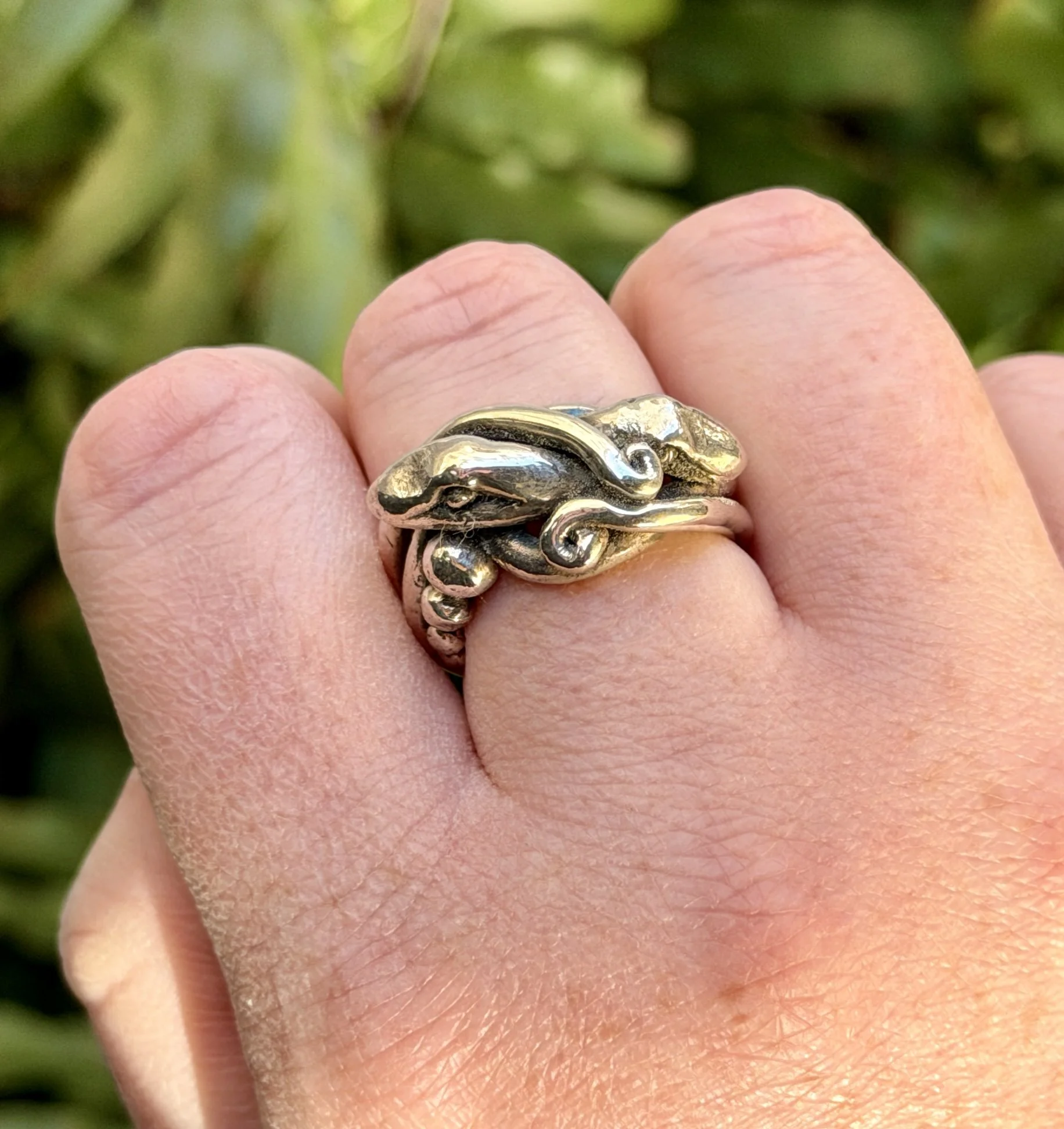 A close-up view of a hand showing a ring designed like a dragon, with a background of greenery.