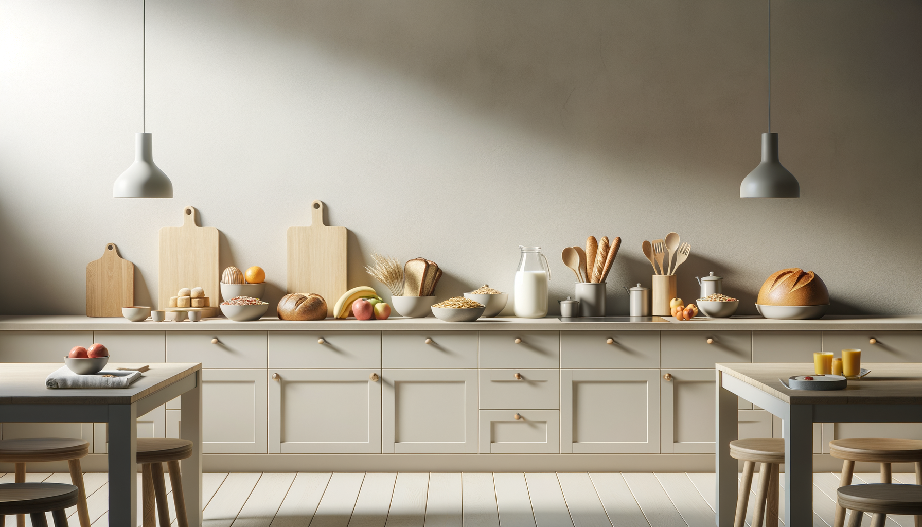 A minimalist kitchen with white cabinets, wooden cutting boards, bread, fruit, cereal, milk, and utensils on the countertop, and a dining table with a bowl of apples and glasses of orange juice.