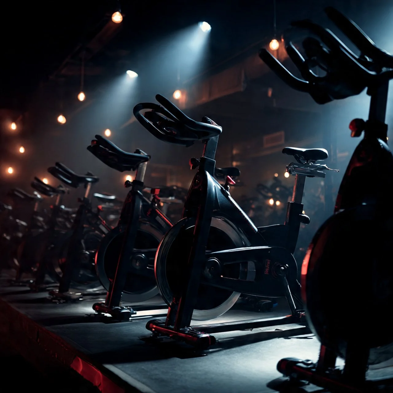 Multiple stationary exercise bikes in a dimly lit indoor gym with warm lighting and spotlights overhead.