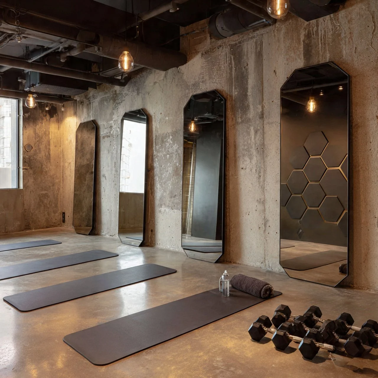 Empty yoga or fitness studio with black mats, dumbbells, a rolled towel, and hand sanitizer on the floor. Four tall, frameless mirrors are mounted on a textured concrete wall, and hexagonal wall decor is visible in one reflection. The room has a modern, industrial design with exposed pipes and warm lighting.