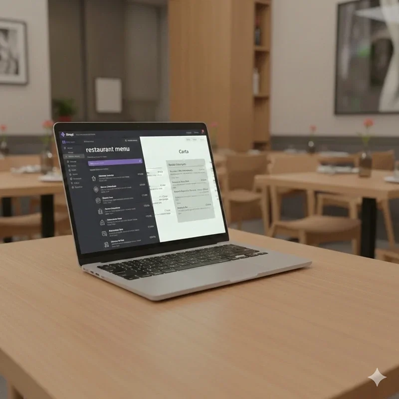 a computer sitting on a restaurant table surrounded by other tables with plates and glasses. The computer screen shows a digital menu and a webpage where you can manage the menu content.