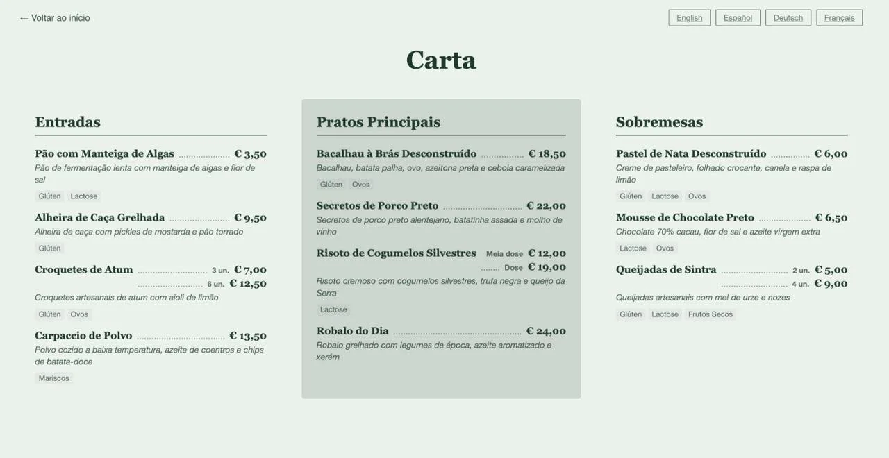 Menu digital via QR Code para acesso simples e imediato. Design responsivo adaptado a todos os ecrãs e organizado por colunas intuitivas.