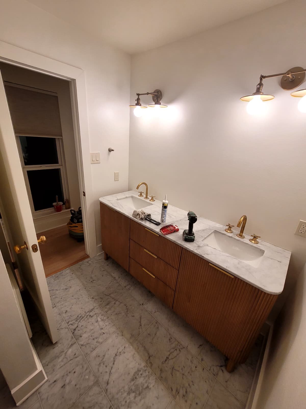 Double sinks just waiting for their mirrors.