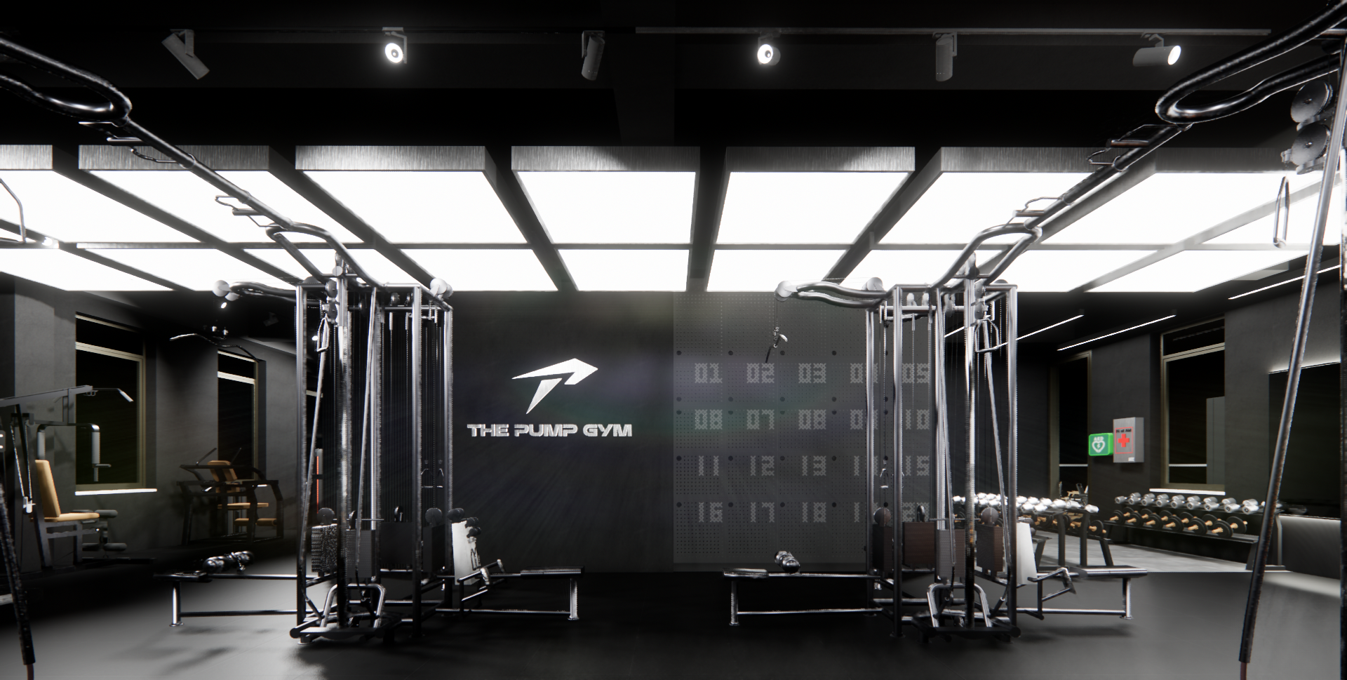 Interior of a modern gym with strength training equipment, dumbbells, and workout benches, illuminated by bright ceiling lights, with a motivational logo 'The Pump Gym' on the back wall.