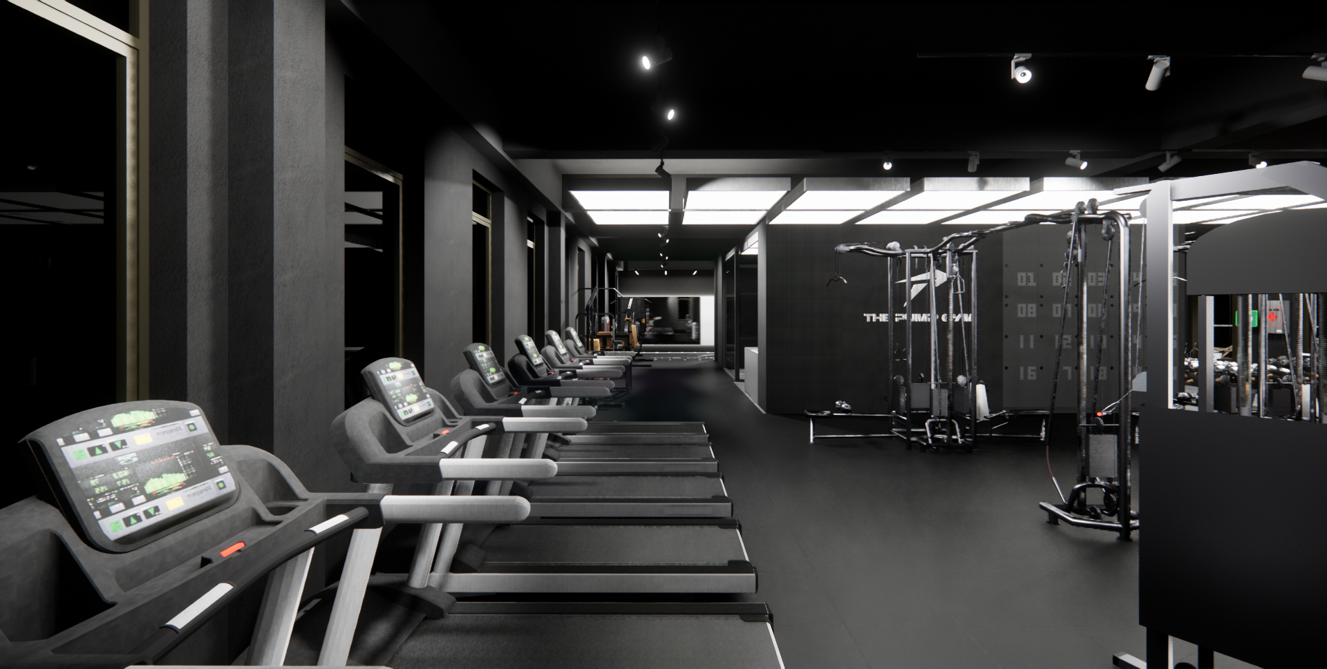 Empty modern gym with black walls, multiple treadmills, and exercise equipment visible in the background.