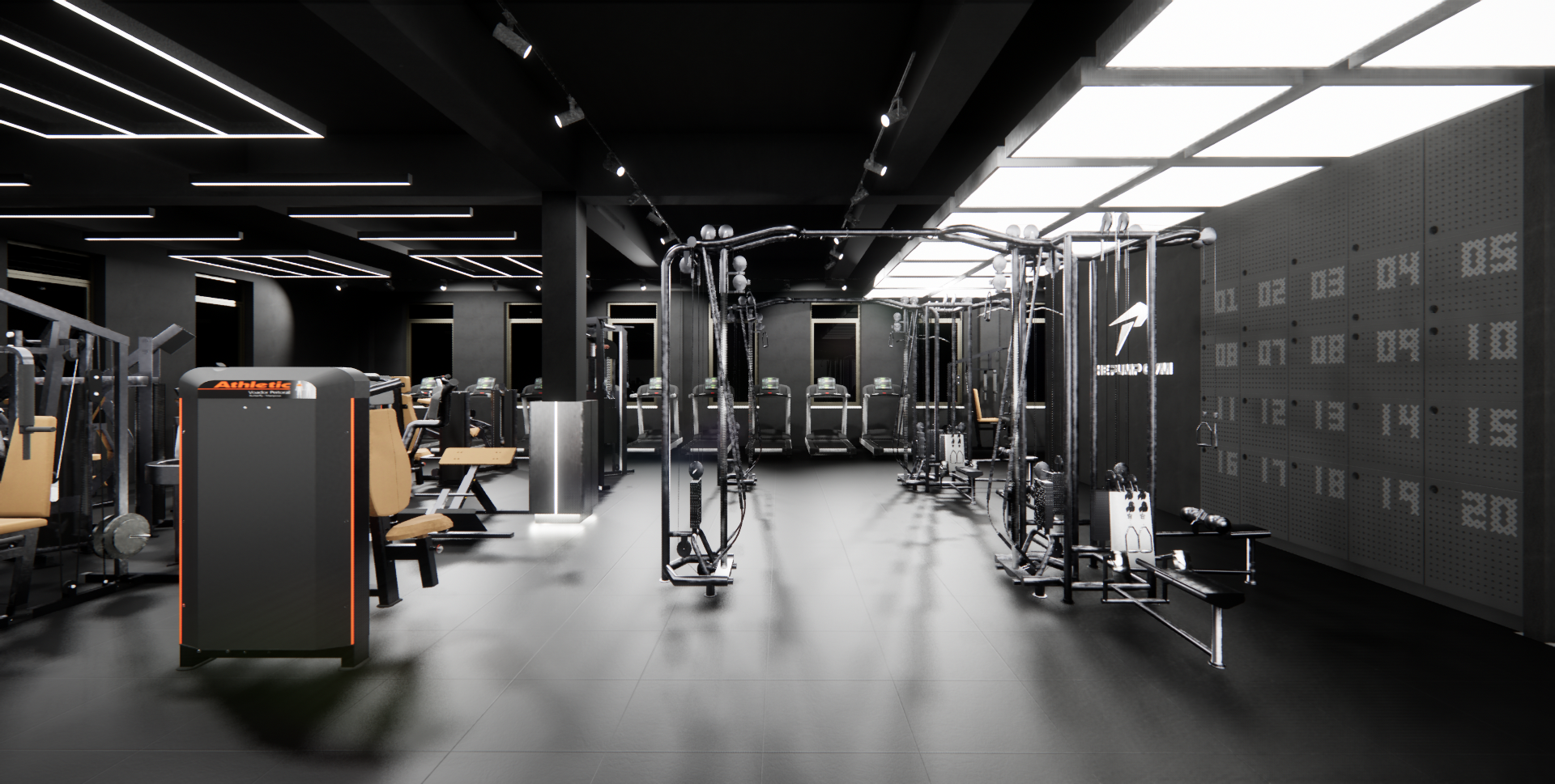 Interior of a modern gym with workout equipment, including exercise machines, benches, and free weights, in a sleek black and gray color scheme.