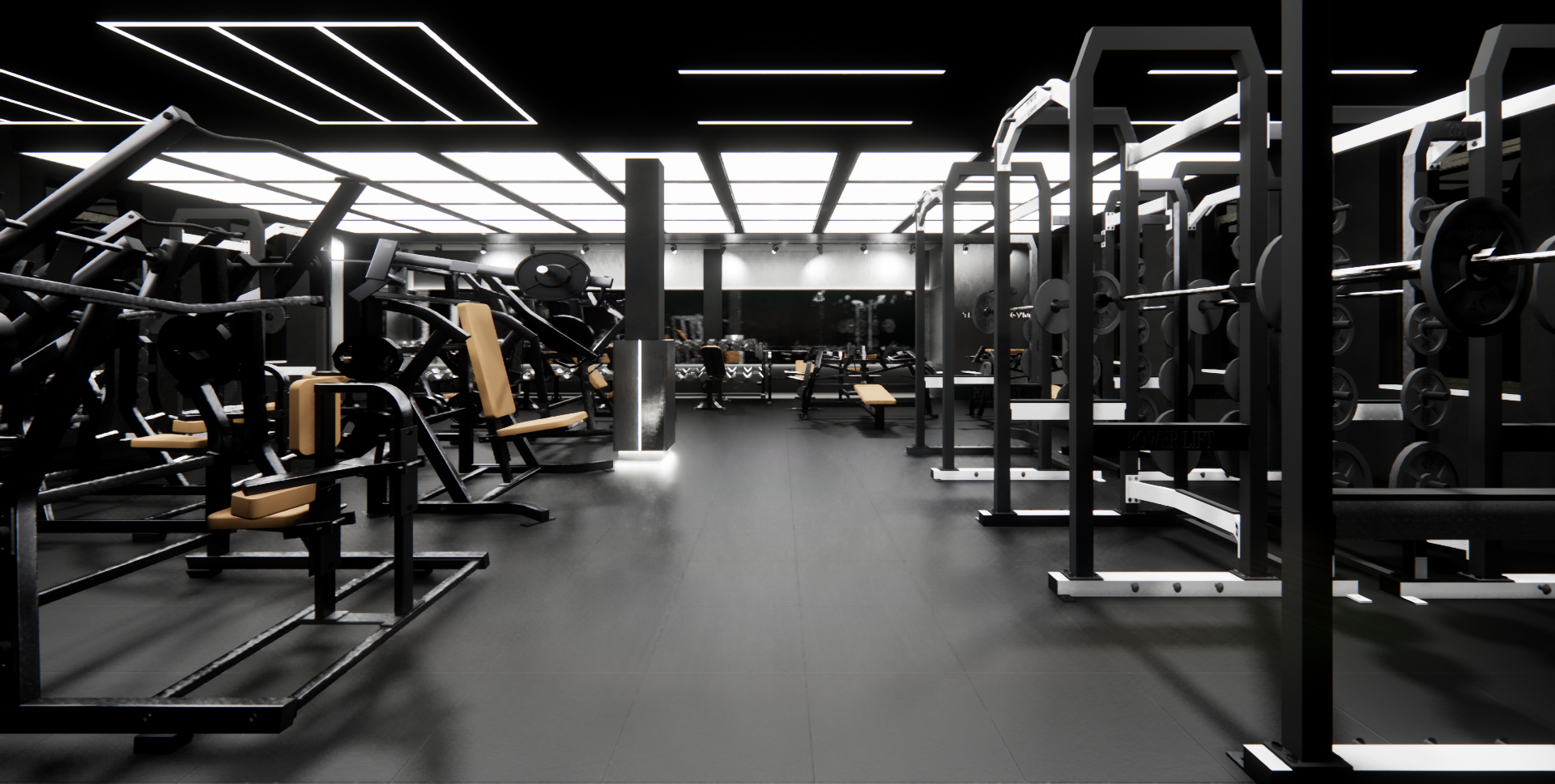 A modern, black fitness gym with workout equipment including weight machines, benches, and barbells, under a brightly lit ceiling with rectangular light panels.