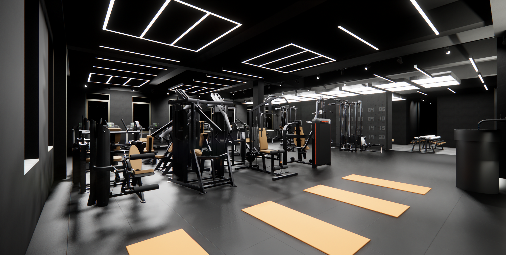Interior of a modern gym with black walls, ceiling with illuminated geometric light fixtures, fitness equipment, exercise mats, and lockers.