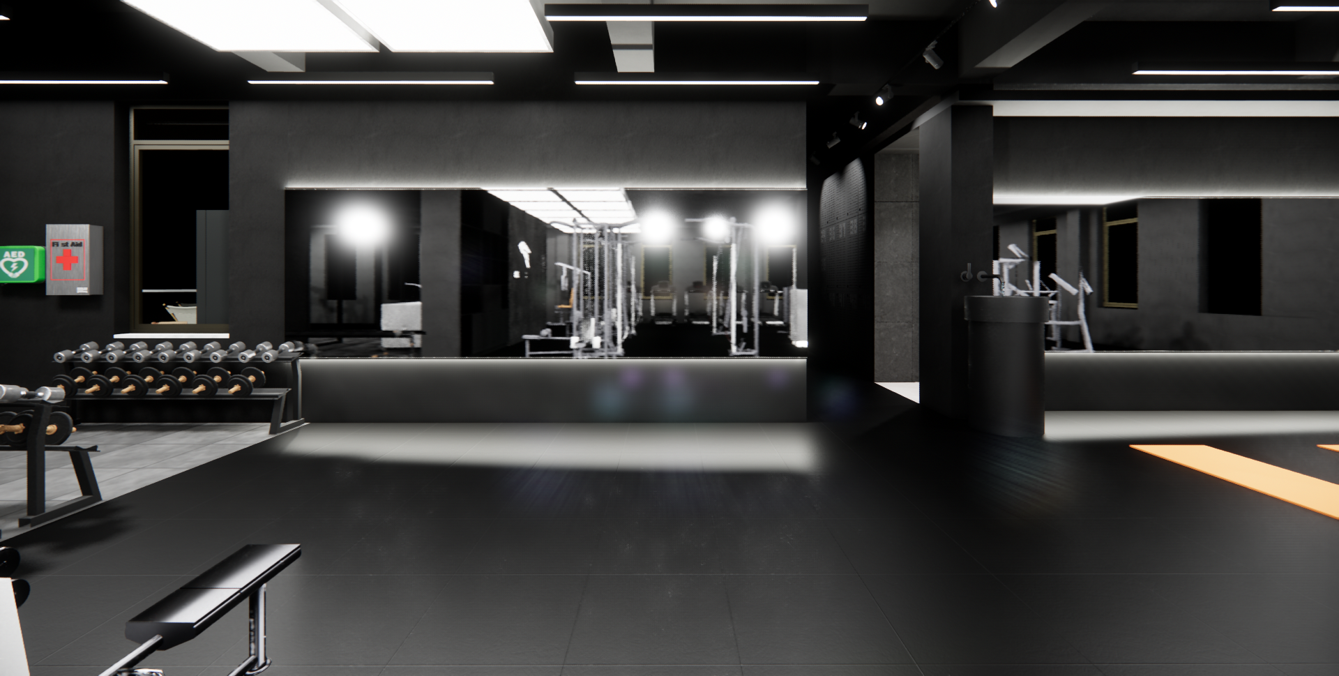 Modern, black-themed gym with weightlifting equipment, dumbbells, and exercise machines, illuminated by bright ceiling lights.