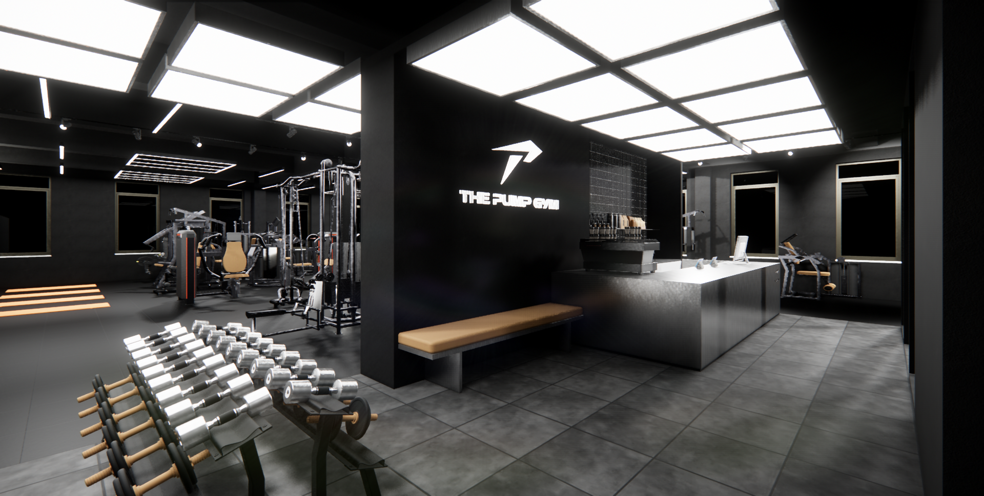 Interior of a modern gym featuring weightlifting equipment, treadmills, and a reception desk with a sign that reads 'THE PUMP GYM' on the wall.