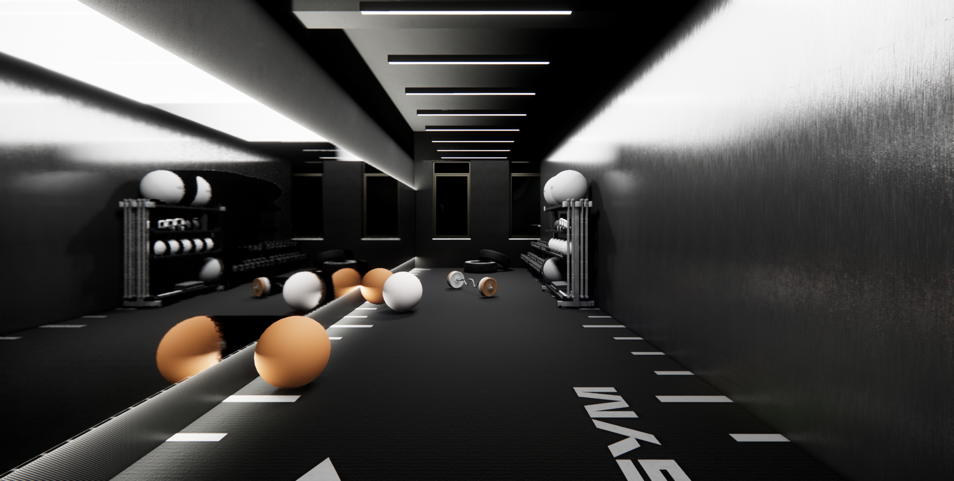 Indoor gym with black walls, ceiling, and floor, featuring equipment such as balls, foam rollers, and storage shelves.