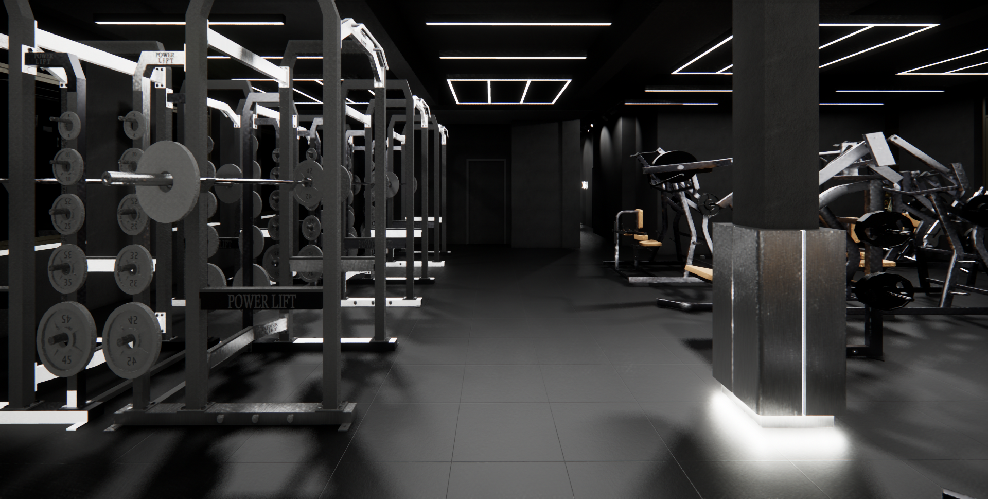 A modern gym with black walls and ceiling, featuring weightlifting equipment and cardio machines, illuminated by sleek white LED lighting.