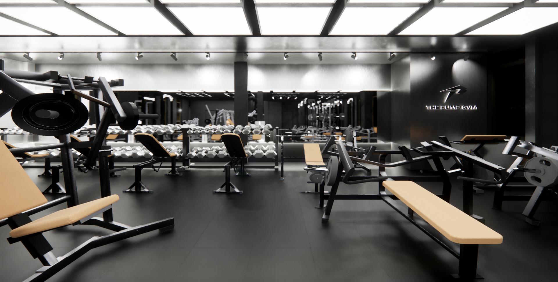 Empty gym with black walls and ceiling, and beige and black exercise equipment including benches, weights, and machines.