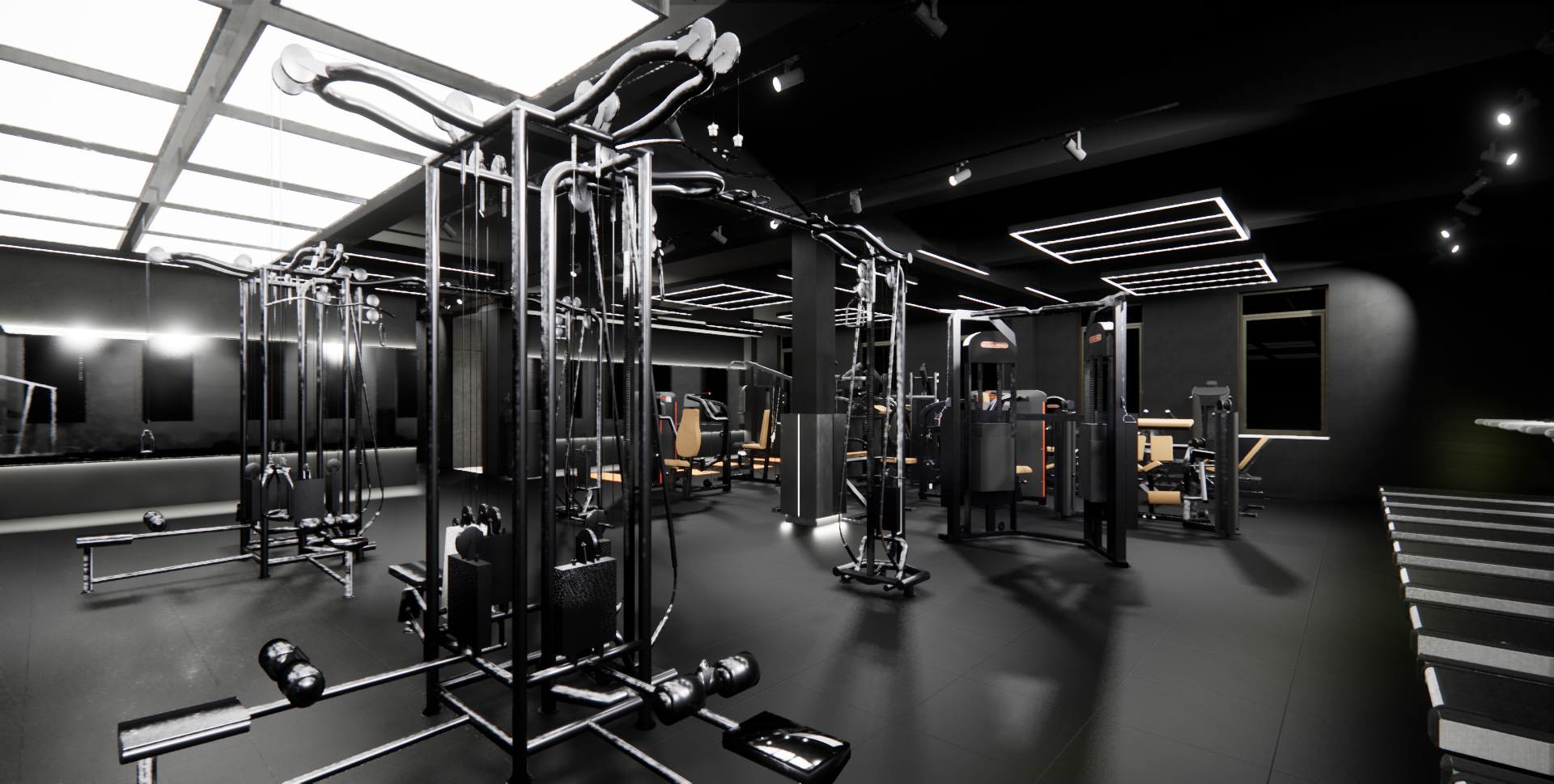 Modern black gym with workout equipment including weight machines, benches, and free weights, illuminated by ceiling lighting.