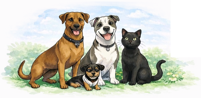 Illustration of three dogs and one black cat sitting outdoors on grass with bushes and sky in background.