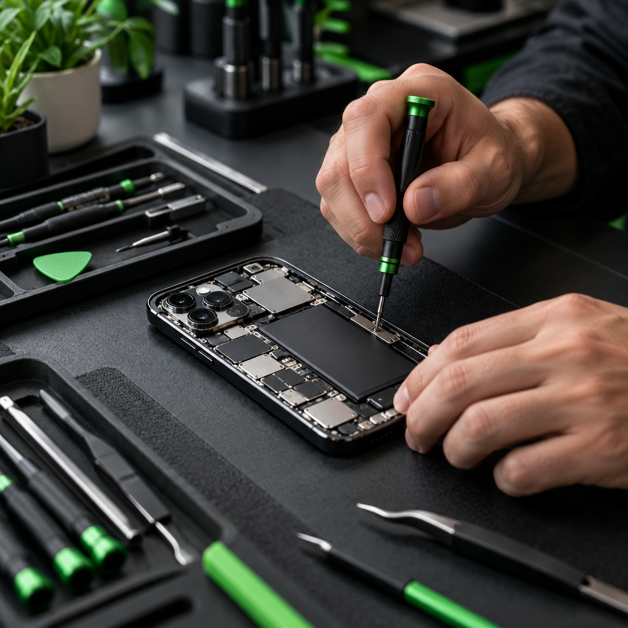 Imagen ilustrativa de reparación de un celular con herramientas de precisión.
