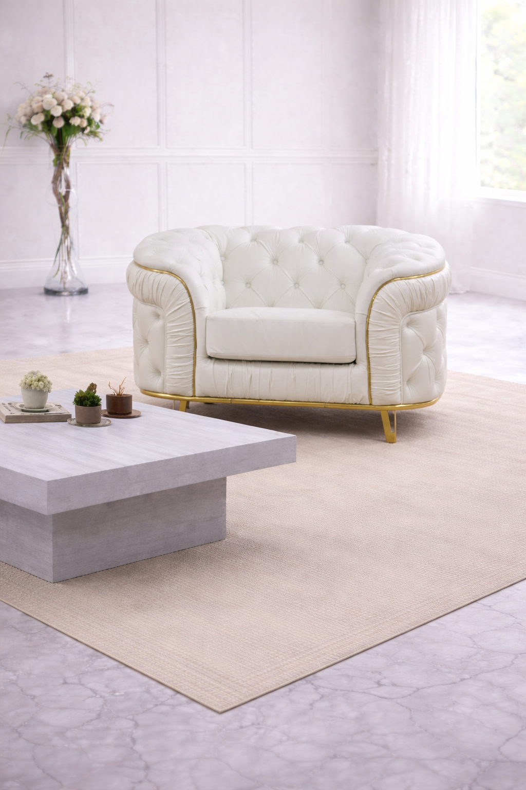 White Armchair with gold accents - Rental