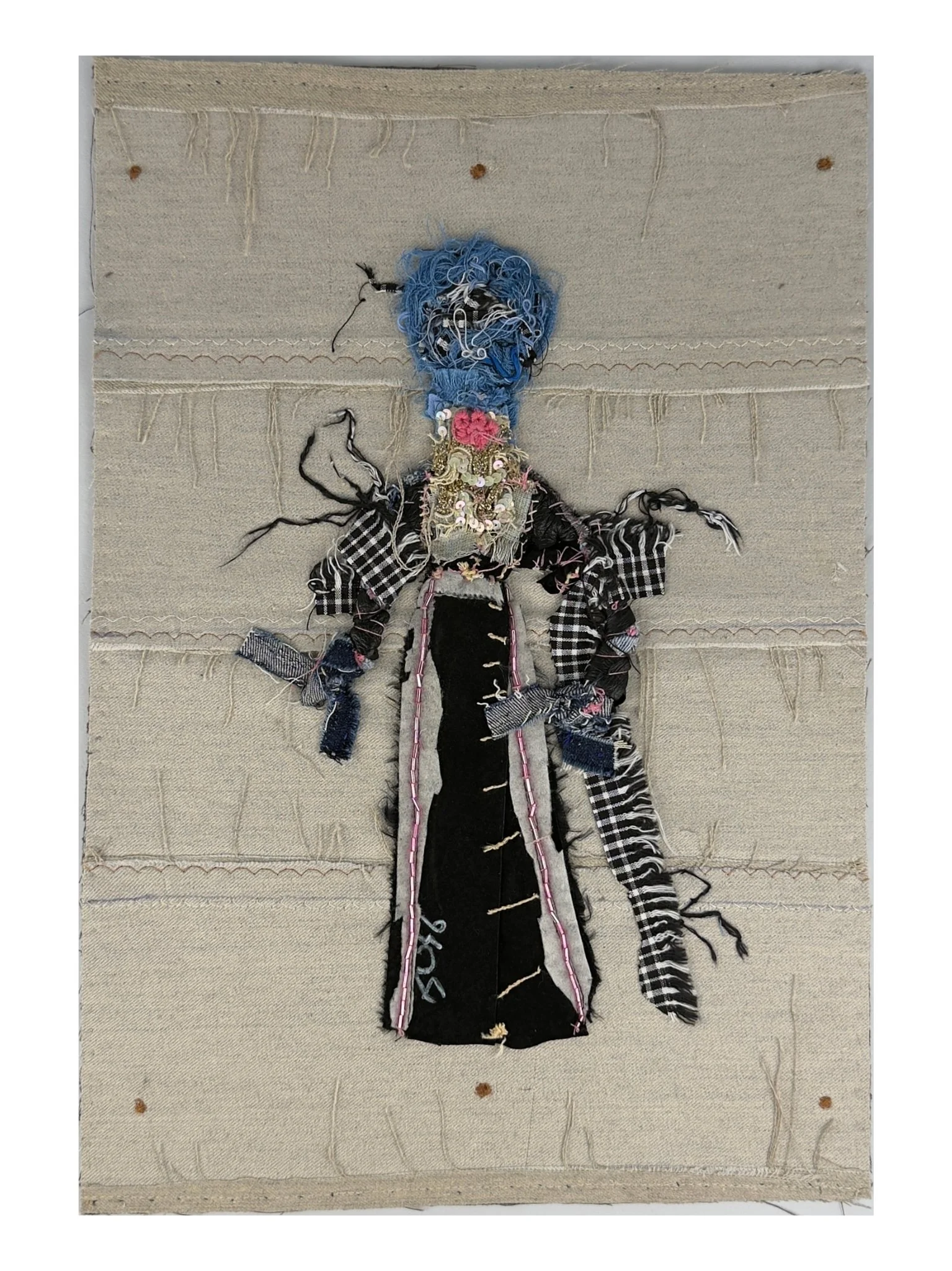 Mixed-media textile portrait titled The Staff by Evangelina Roa, composed of fabric scraps, leather scraps, thread scraps, appliqué, and layered stitching.